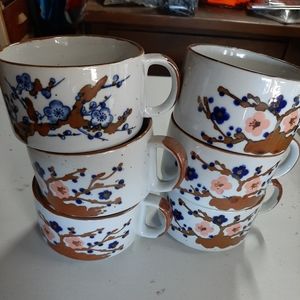 6VTG Stoneware Soup Chowder Handled Bowl Mug Made In Korea Cherry Blossom 12Floz